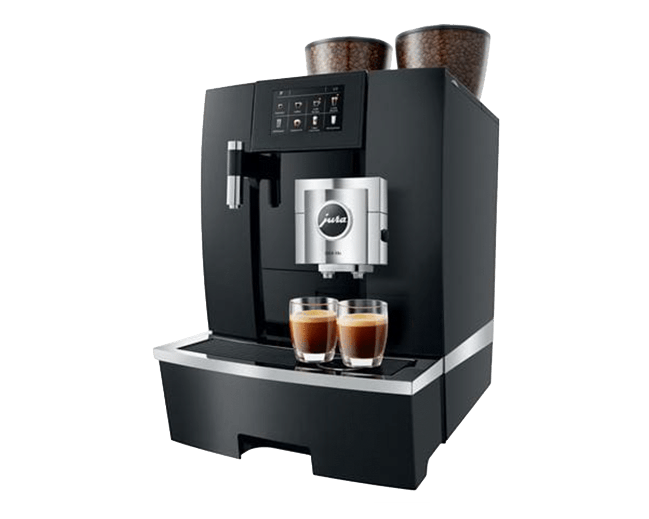The JURA GIGA X8c coffee machine preparing two espresso shots simultaneously
