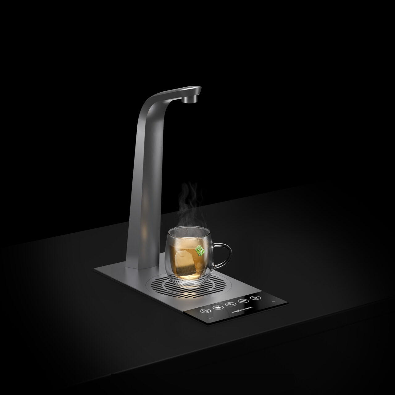Borg & Overström T3 dispensing hot water for tea into a glass double-walled mug