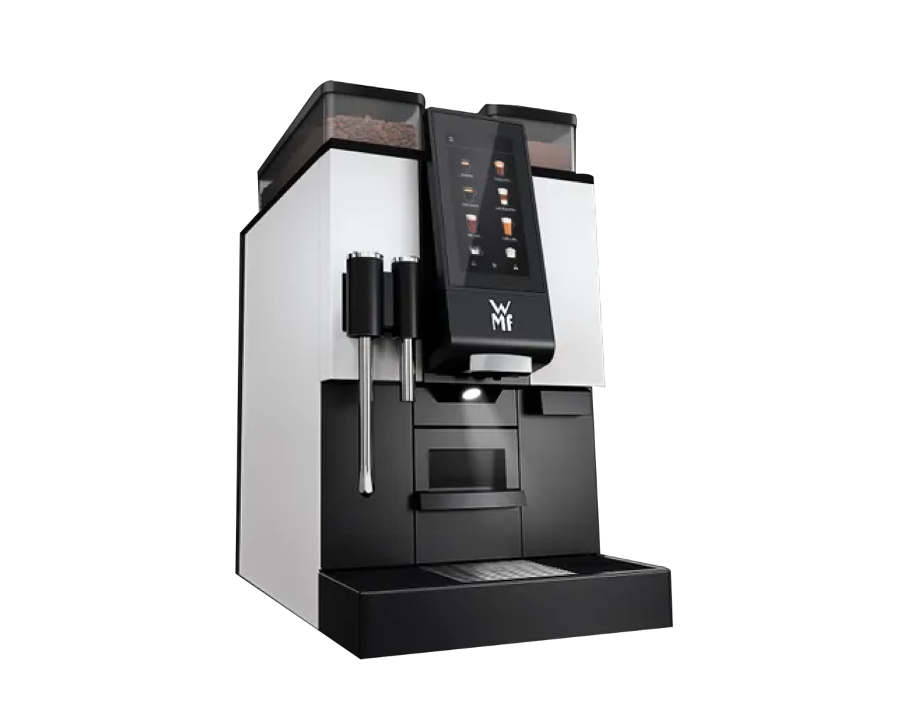 The WMF 1100 S coffee machine with dual hoppers and steam wand