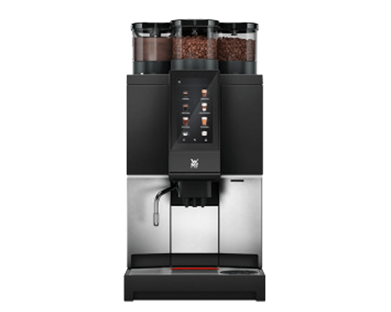 Front view of the WMF 1300 S commercial coffee machine, featuring a sleek black and stainless steel design, a 7-inch touchscreen interface, dual bean hoppers, and a single spout for dispensing coffee and milk-based beverages. Ideal for offices and hospitality settings.