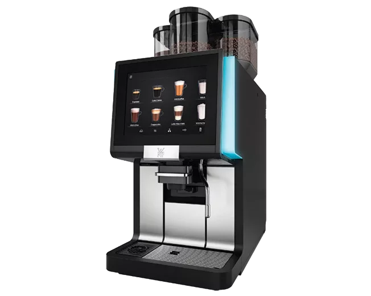 WMF 1500 S+ commercial coffee machine featuring a sleek black and stainless steel design, a large 10-inch touch screen displaying drink options, illuminated side panels, and three bean hoppers on top. Ideal for medium-demand environments such as offices and cafes.