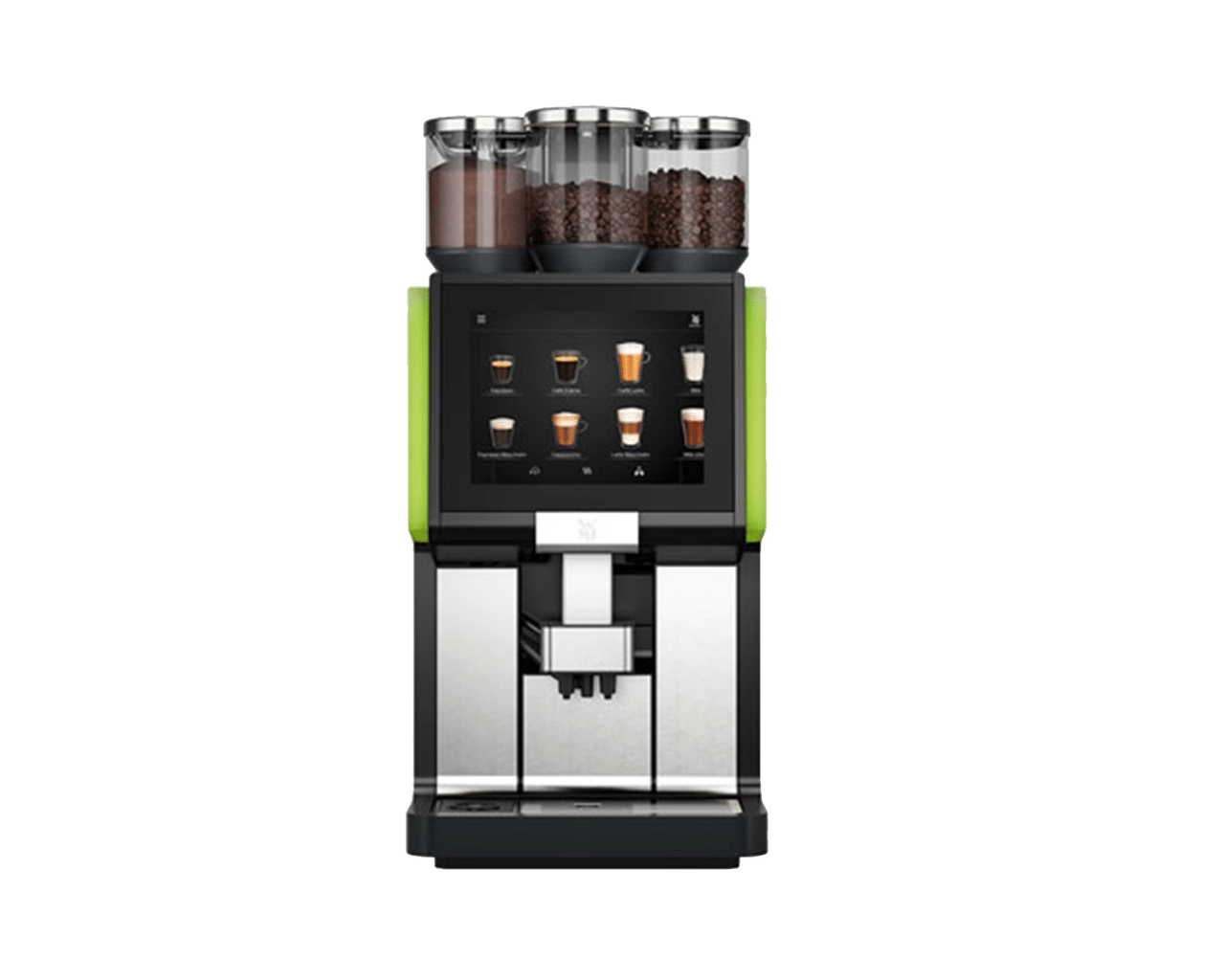 Front view of the WMF 5000 S+ coffee machine, showcasing its modern design with a stainless steel exterior, dual bean hoppers, and a vibrant 10-inch touchscreen interface displaying beverage options