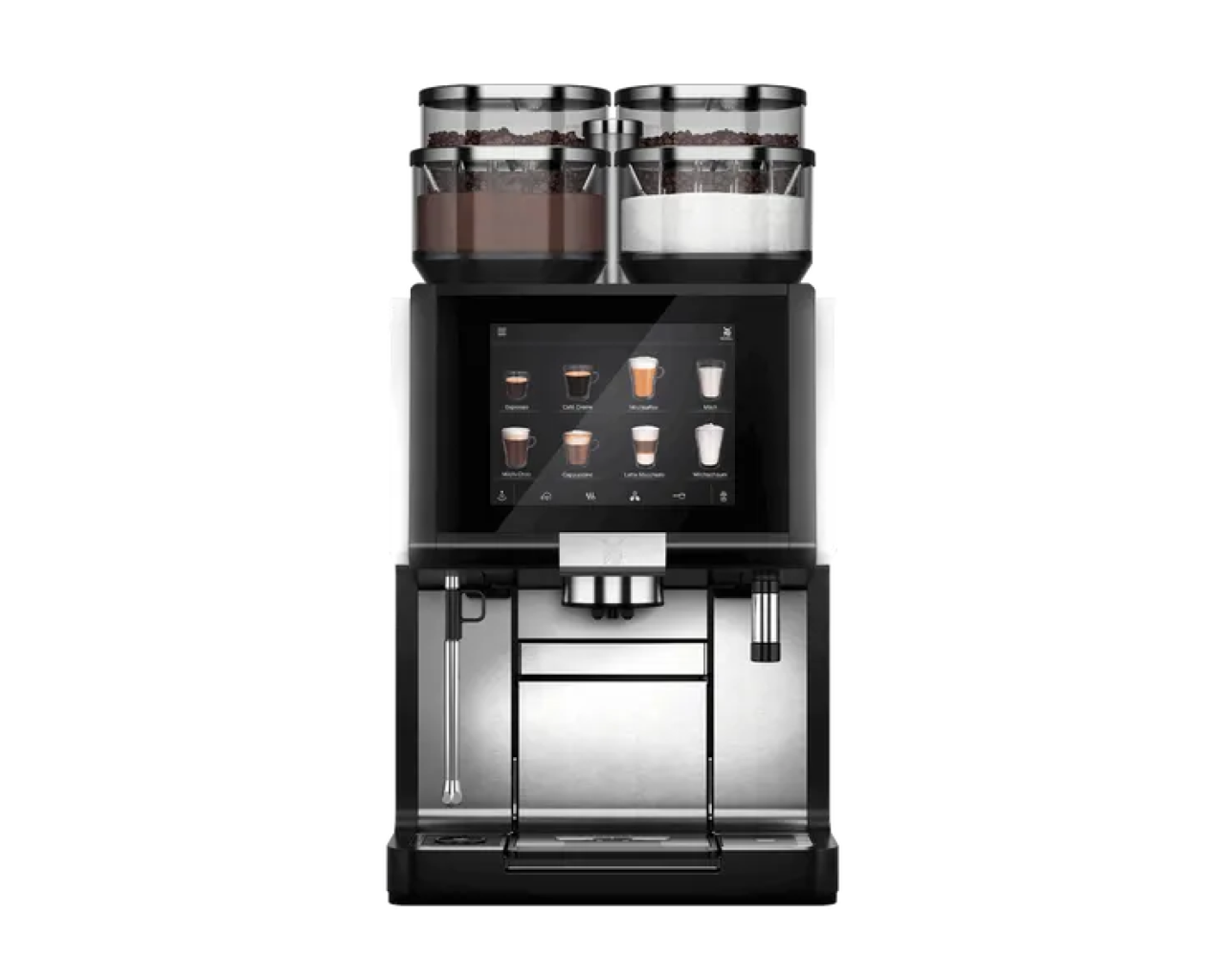 Front view of the WMF 9000 S+ coffee machine, a sleek and modern fully automatic coffee machine in a stainless steel finish. The machine features multiple bean hoppers, a digital touchscreen interface, and an adjustable cup platform, designed for high-capacity output and professional-grade beverage customisation.