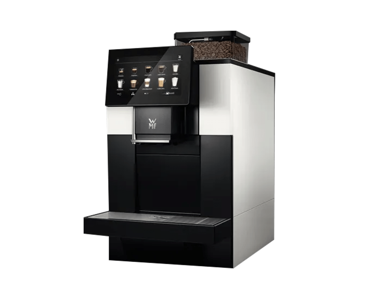 The WMF 950 S coffee machine with a touch screen menu, bean hopper and large dispensing area