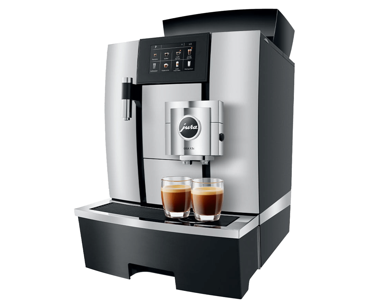 The JURA X3c coffee machine dispensing two espresso coffees at the same time