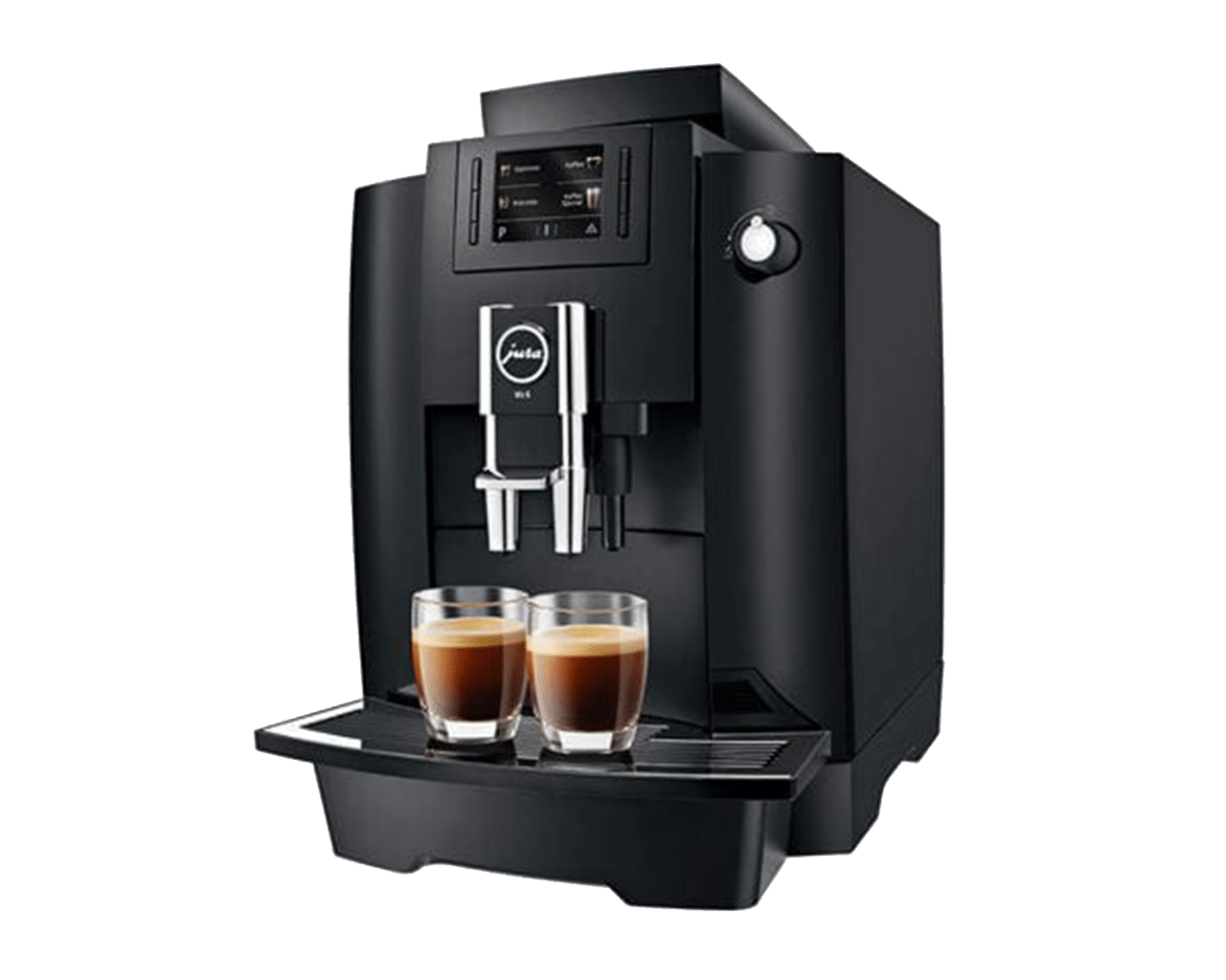 The JURA WE6 dispensing two shots of espresso simultaneously