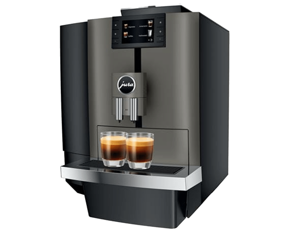 The JURA X4 coffee machine with two espresso cups being filled at the same time for double the efficiency.