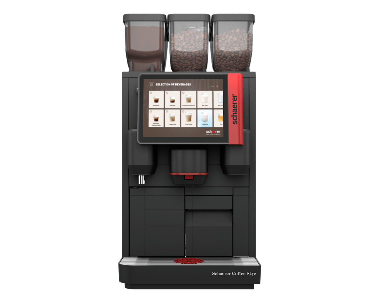 schaerer coffee skye coffee machine with dual bean hoppers and a large selection of beverages on the screen display