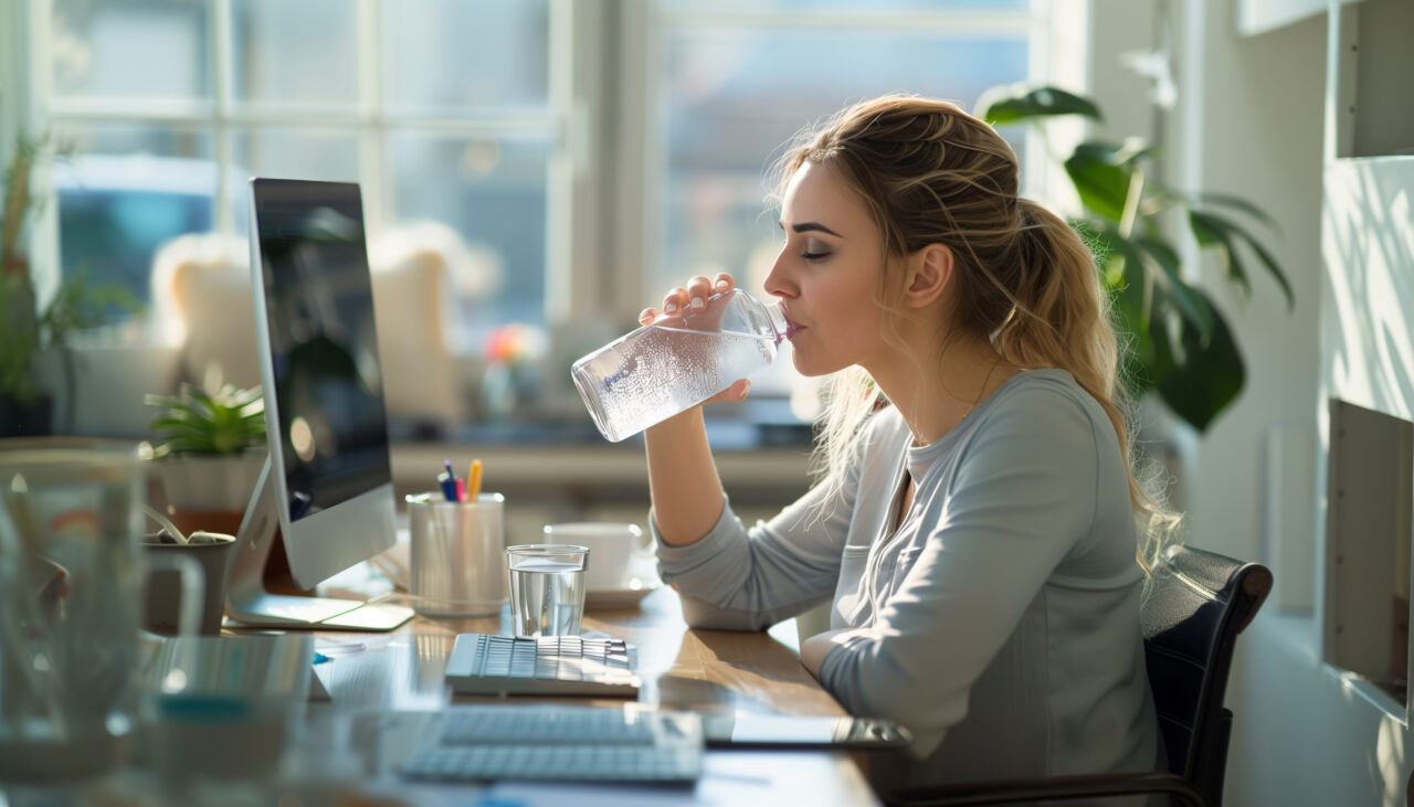 A woman is sitting at her desk drinking a glass of water. Facts of liquid concept and the modern workplace experience