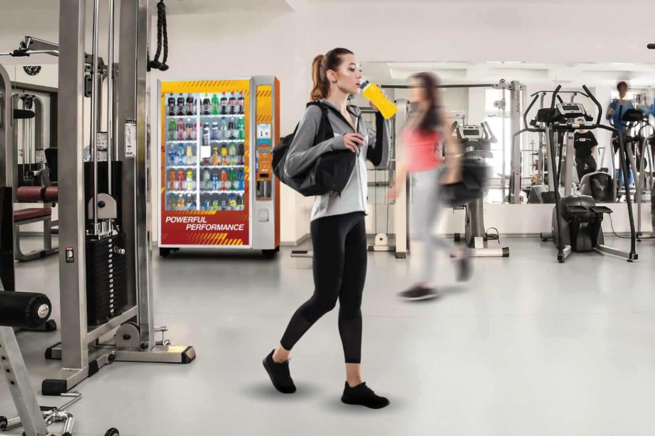 Cold drink vending machine in a gym